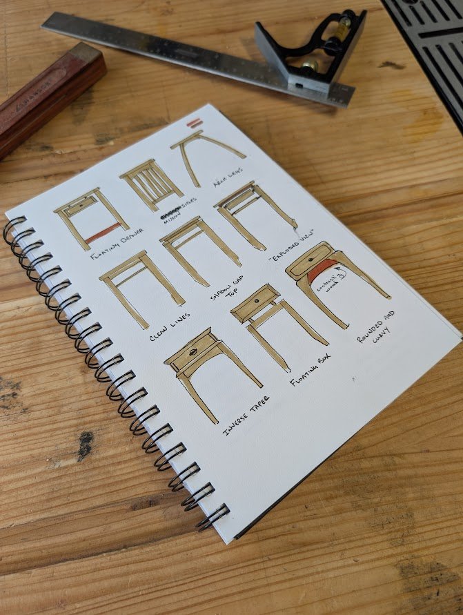 Nine hand-sketched nightstand directions from a Bad Grackle commission